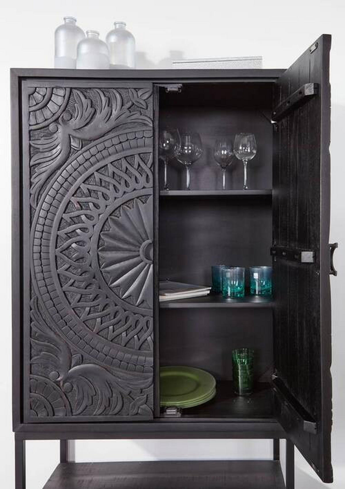 BARSCHRANK Mangoholz massiv Schwarz  - Schwarz, Design, Holz/Metall (90/160/45cm) - Landscape