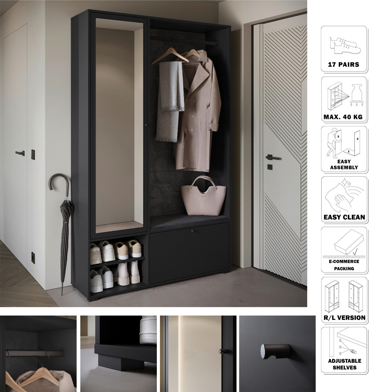 GARDEROBE 4-teilig  in 117,3/190/33 cm  - Schwarz, Basics, Holzwerkstoff (117,3/190/33cm) - P & B
