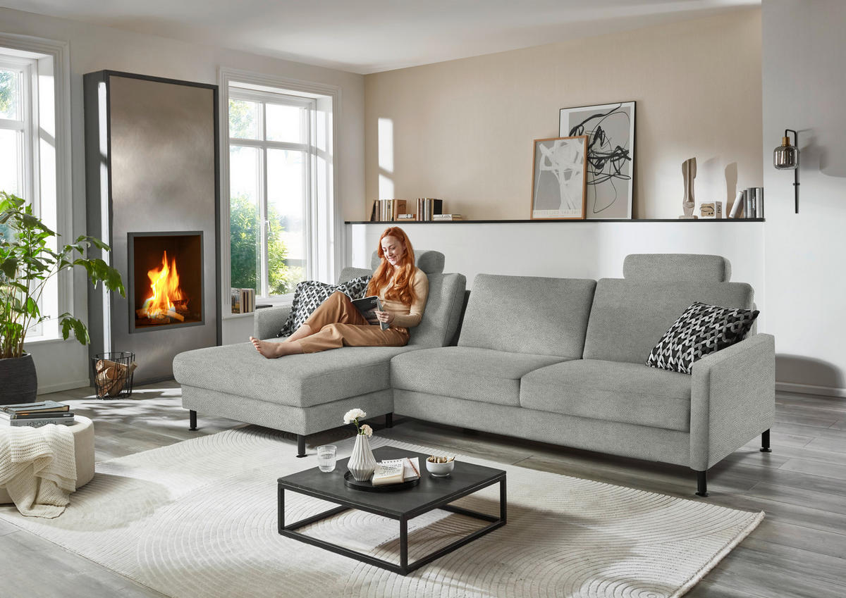 ECKSOFA  in Chenille, Flachgewebe Silberfarben  175/316 cm  - Silberfarben/Schwarz, Design, Textil/Metall (175/316cm) - Dieter Knoll