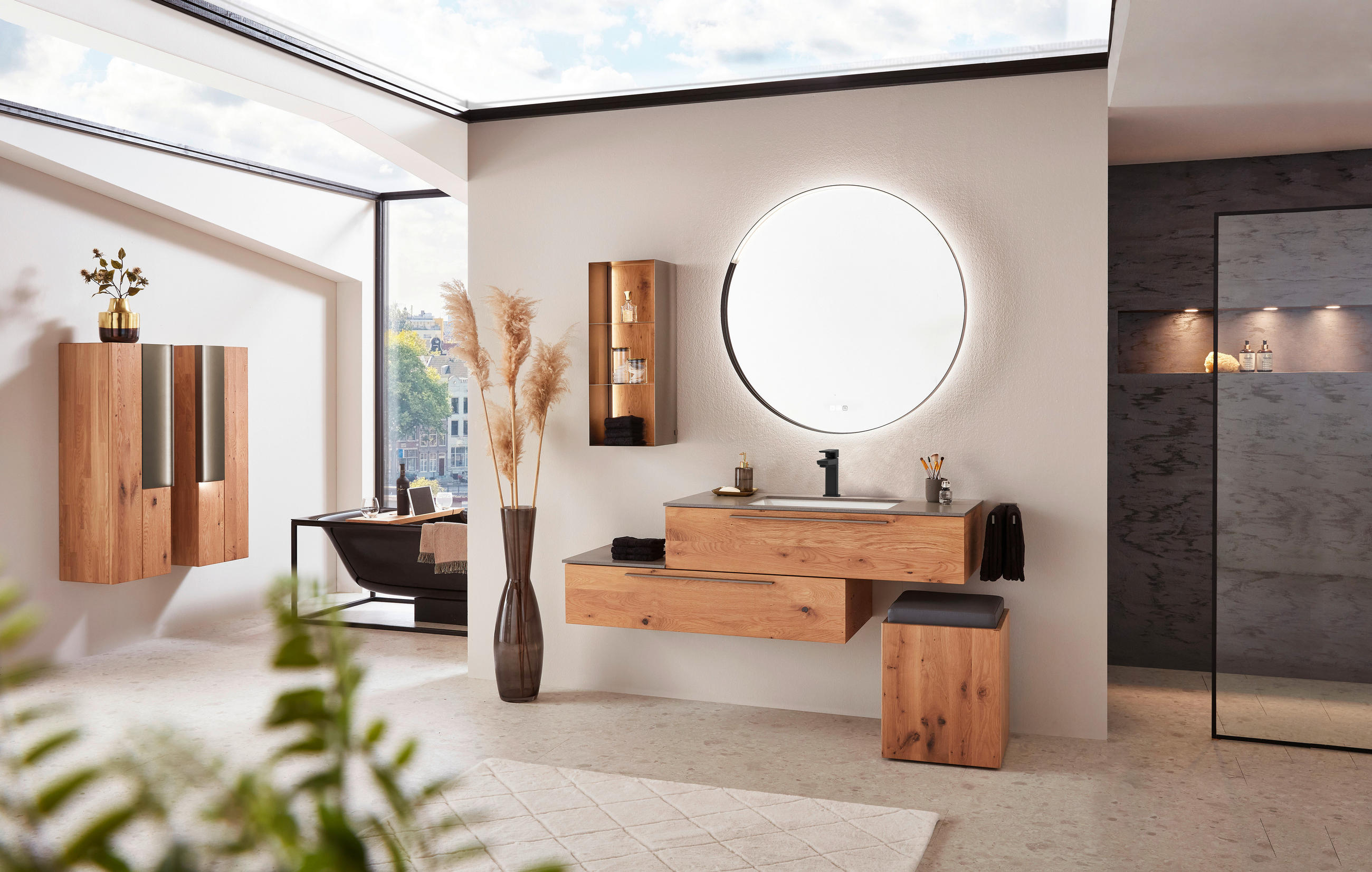 BADEZIMMER 3-teilig  in 159,4 cm  - Eichefarben/Titanfarben, MODERN, Glas/Holz (159,4cm) - Valdera