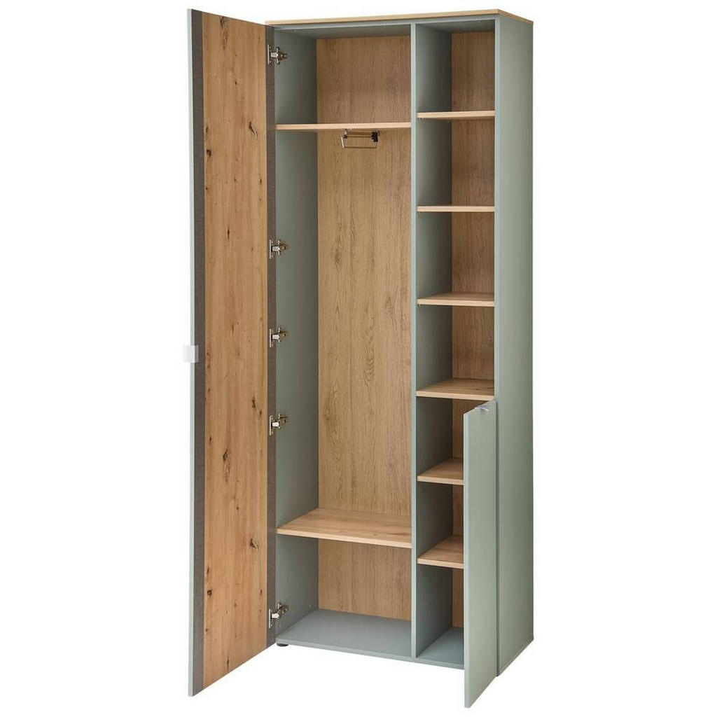 Thumbnail - Garderobenschrank Bari, Salbeigrün, Eiche Artisan, Metall, 8 Fächer, 78x202x38 cm, Beimöbel erhältlich, Garderobe, Garde...