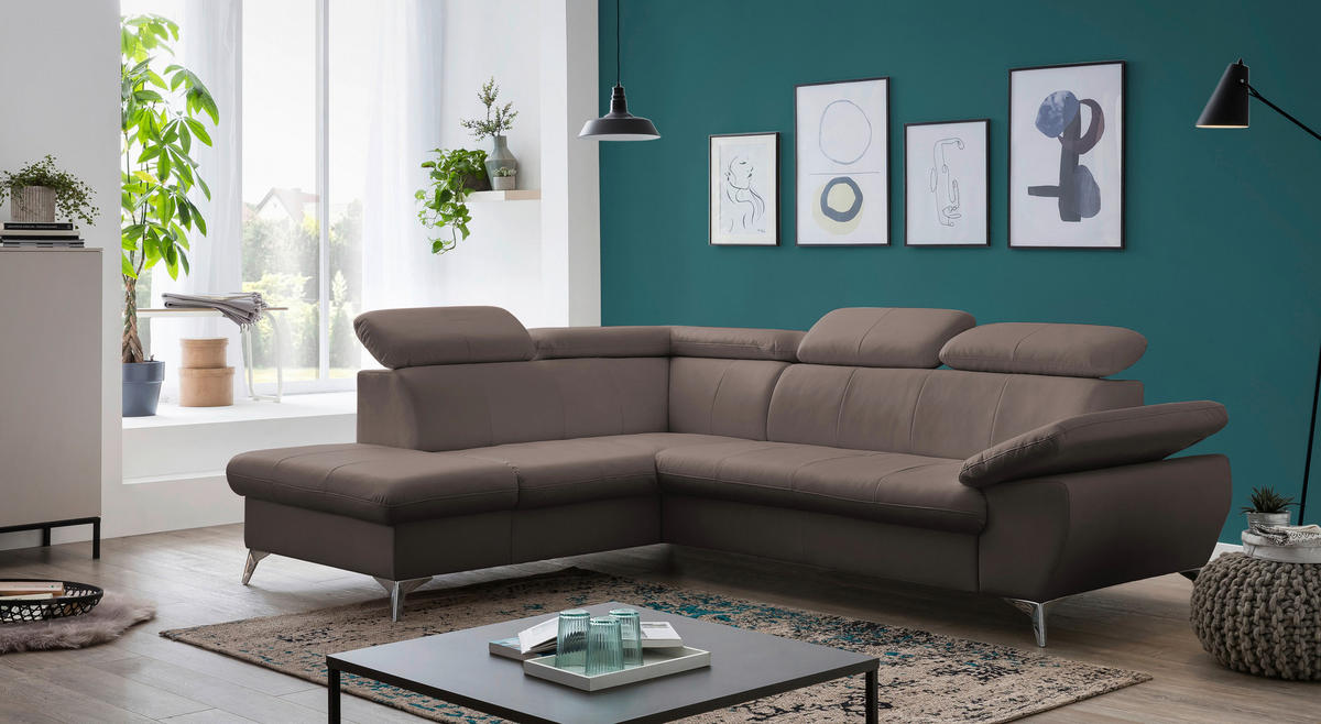ECKSOFA Braun Lederlook  - Chromfarben/Braun, KONVENTIONELL, Textil/Metall (209/256cm) - Livetastic