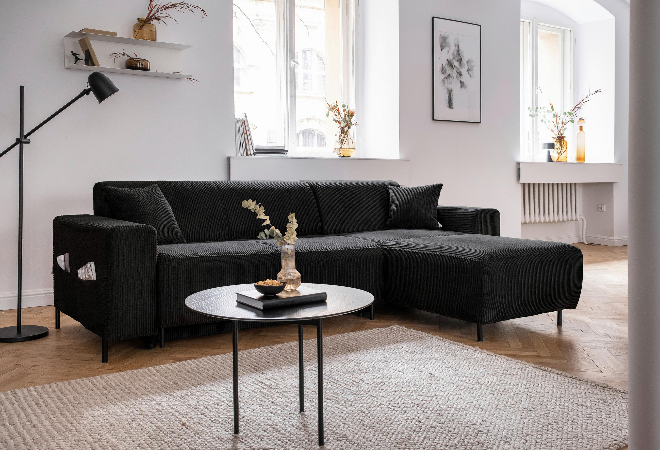 ECKSOFA in Cord Dunkelgrau  - Dunkelgrau/Schwarz, Textil/Metall (260/165cm) - MID.YOU