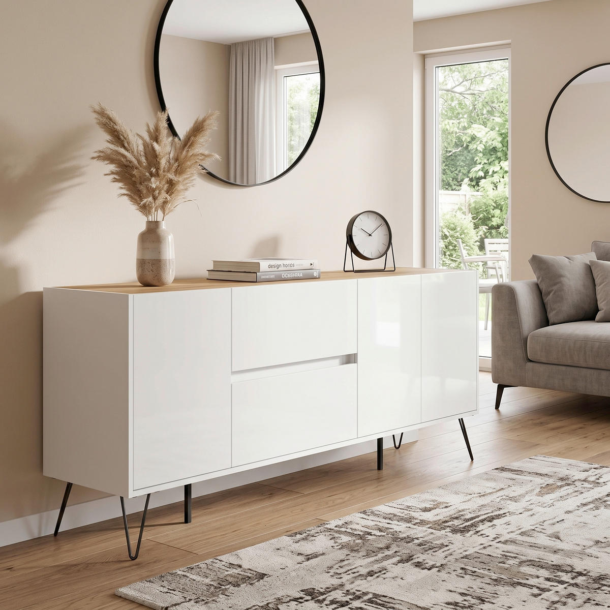 SIDEBOARD Posseik Industrial 177/75,8/42 cm 2 Schublade(n)  - Weiß Hochglanz/Eichefarben, Design, Holzwerkstoff/Metall (177/75,8/42cm) - MID.YOU