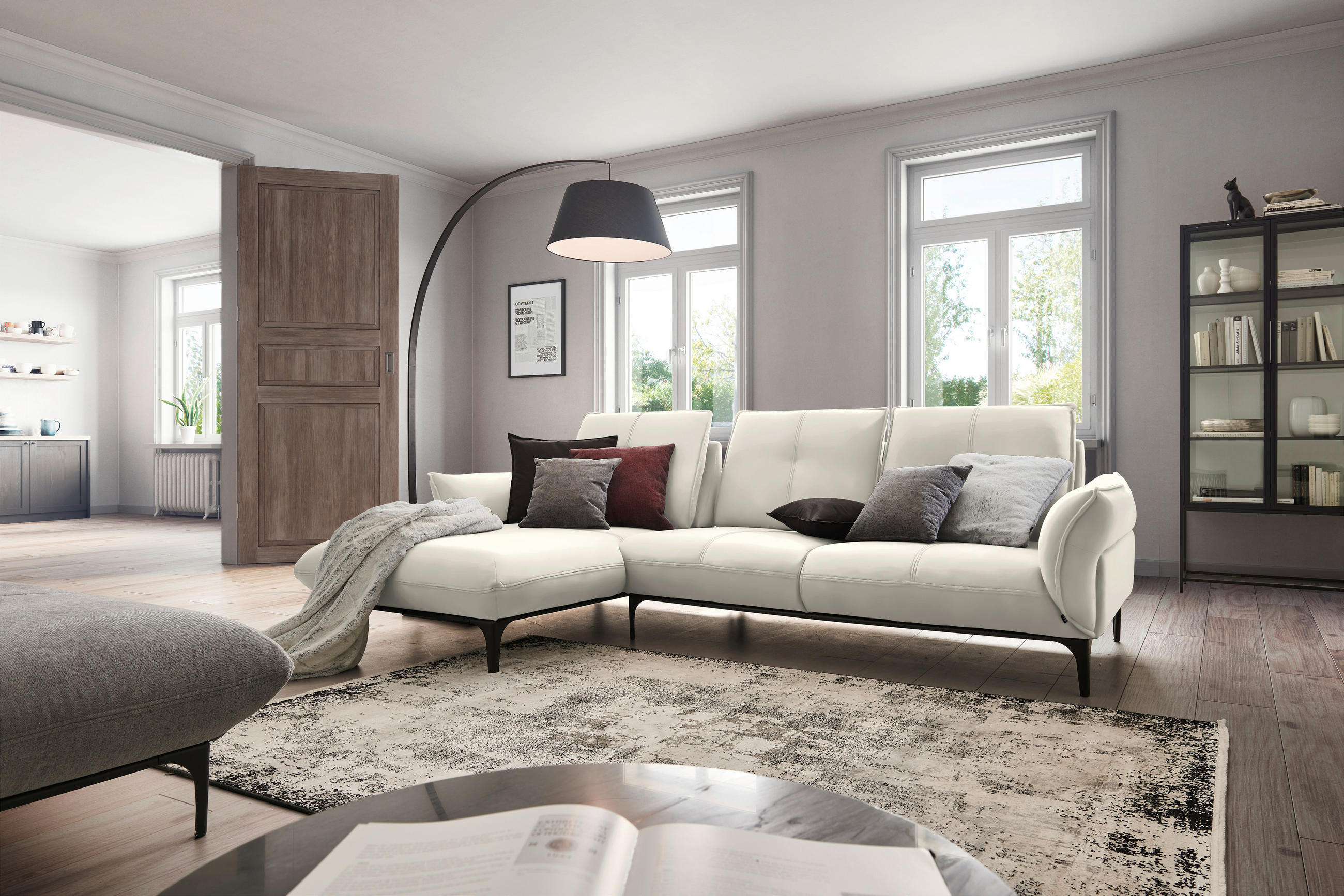 ECKSOFA in Echtleder Weiss  - Weiss/Schwarz, Natur, Leder (182/277cm) - Valnatura