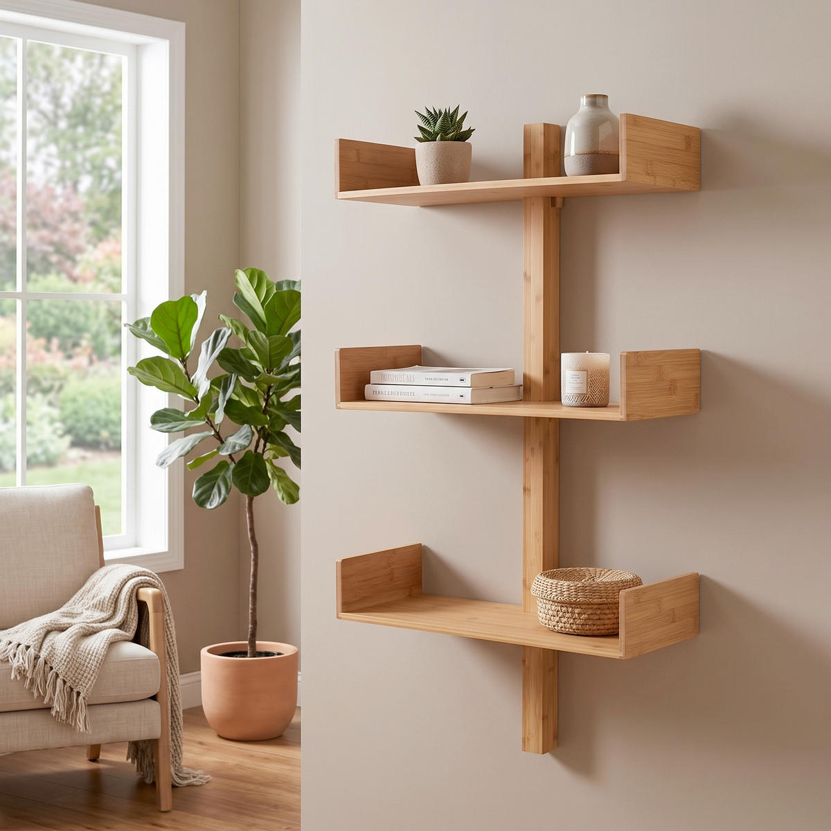 DEKORATIONSVÄGGHYLLA 50/102/25 cm  - naturfärgad, Basics, trä (50/102/25cm) - Ambia Home