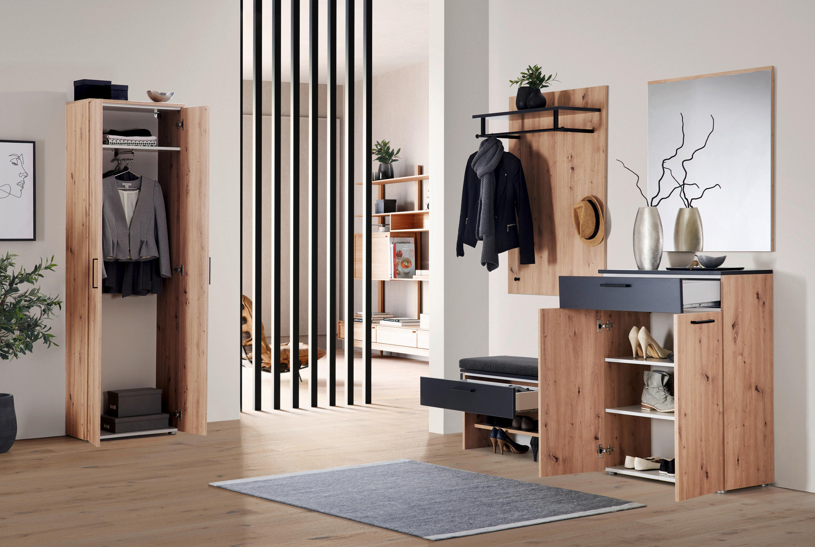 GARDEROBENSCHRANK 60/200/38 cm  - Eichefarben/Schwarz, KONVENTIONELL, Holzwerkstoff/Kunststoff (60/200/38cm) - Moderano