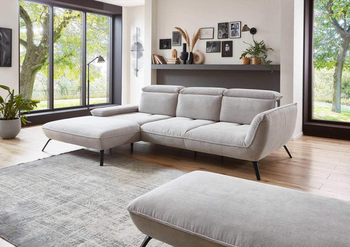 ECKSOFA Hellgrau Cord  - Hellgrau/Schwarz, Design, Textil/Metall (196/301cm) - Moderano