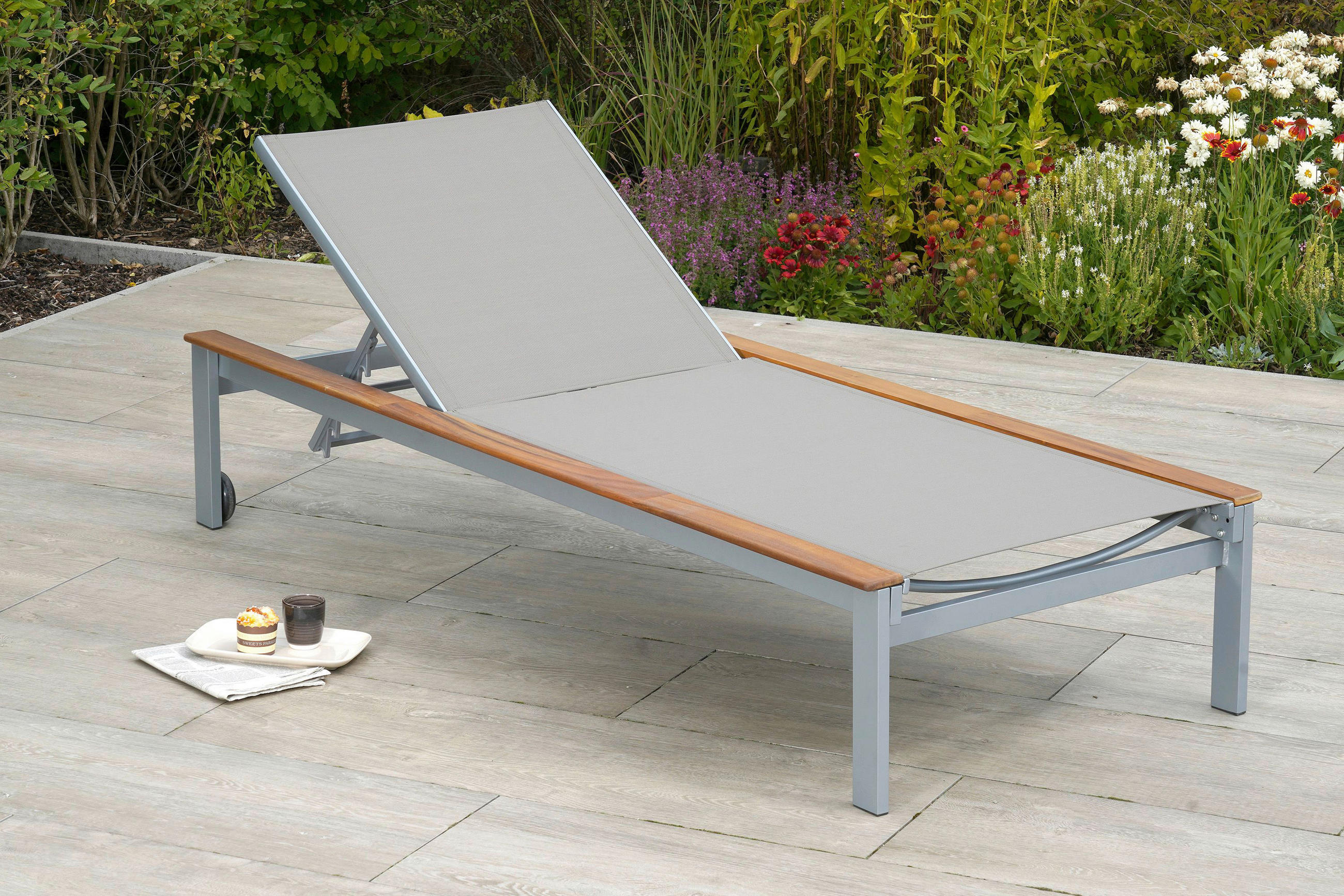 GARTENLIEGE 198/103/84 cm Akazie  - Beige/Silberfarben, MODERN, Holz/Metall (198/103/84cm) - Gardenson