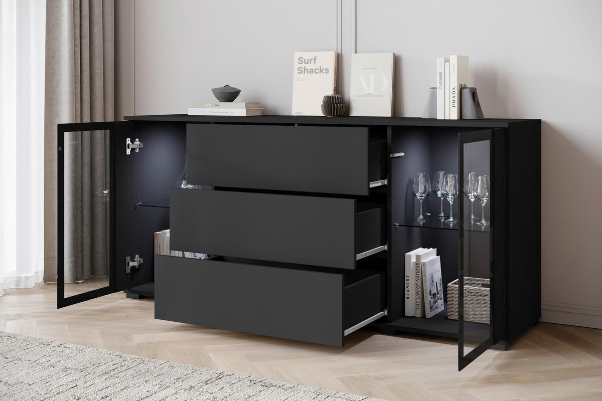 SIDEBOARD Caro  in 150/69,7/39,5 cm  - Schwarz, Design, Glas/Holzwerkstoff (150/69,7/39,5cm) - Livetastic