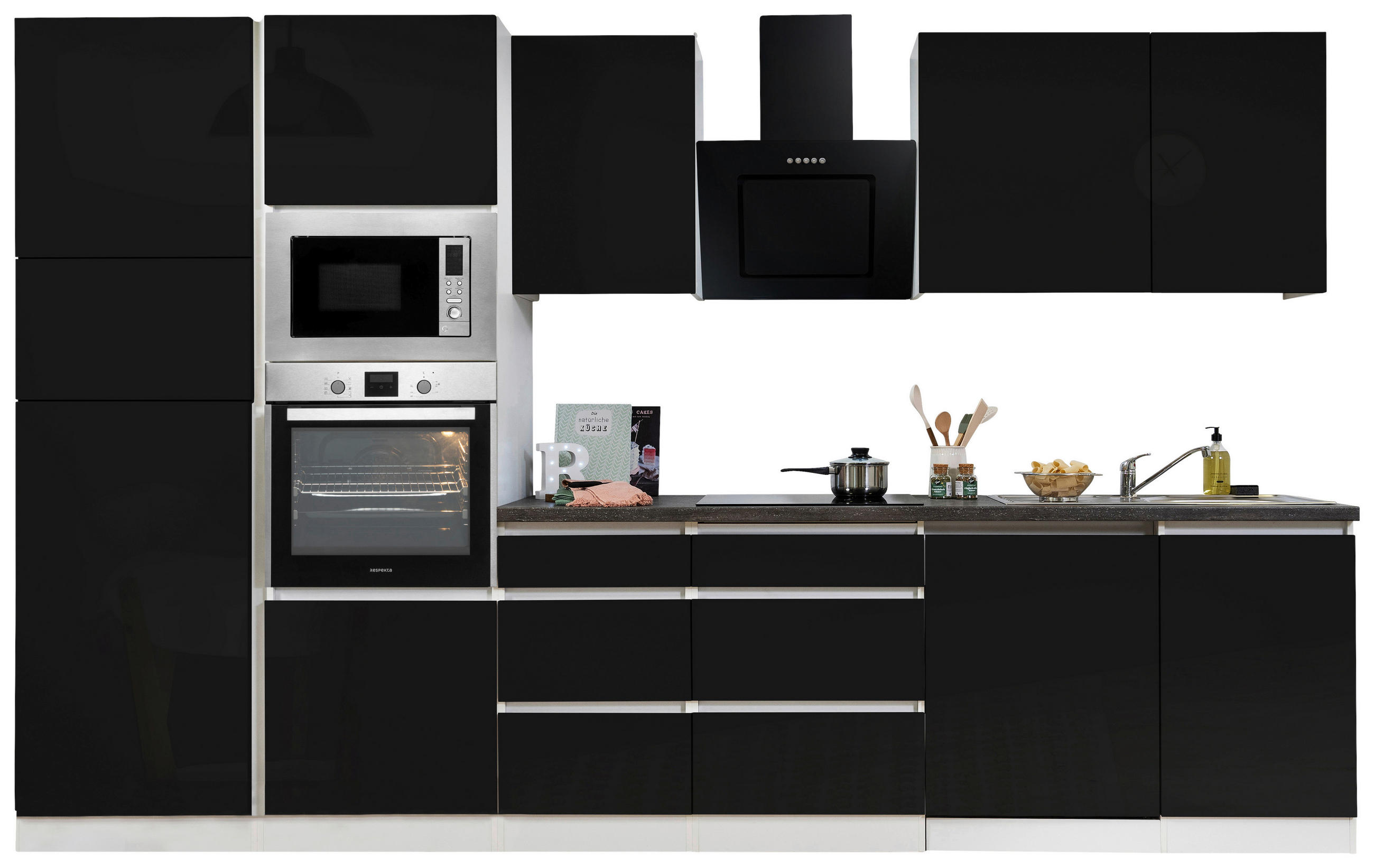 KÜCHENBLOCK 345 cm   in Schwarz Hochglanz  - Schwarz Hochglanz/Graphitfarben, Basics, Holzwerkstoff (345cm) - Respekta