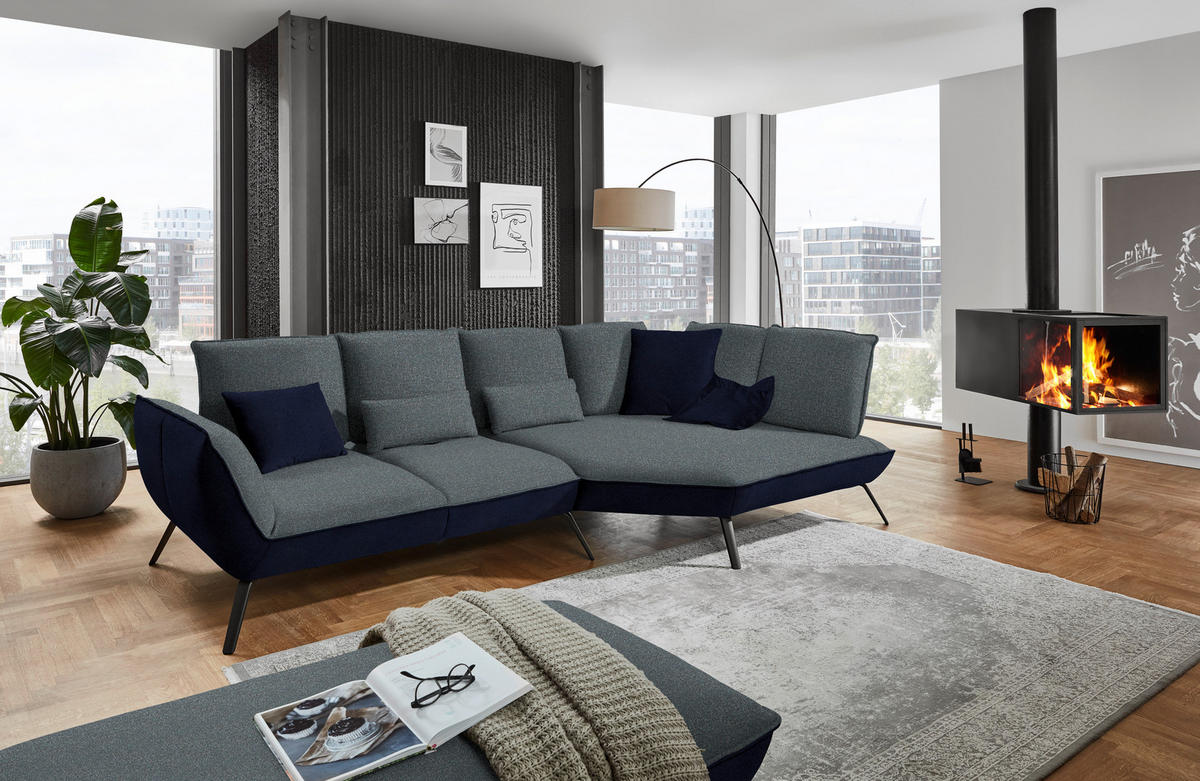 ECKSOFA in Flachgewebe Blaugrau  - Blaugrau/Schwarz, Design, Textil/Metall (320/169cm) - Moderano