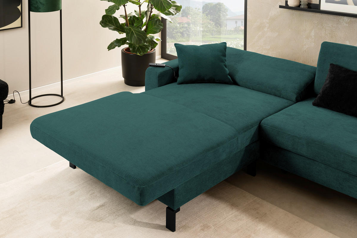 ECKSOFA in Cord Grün  - Schwarz/Grün, Design, Textil/Metall (185/298cm) - Pure Home Lifestyle