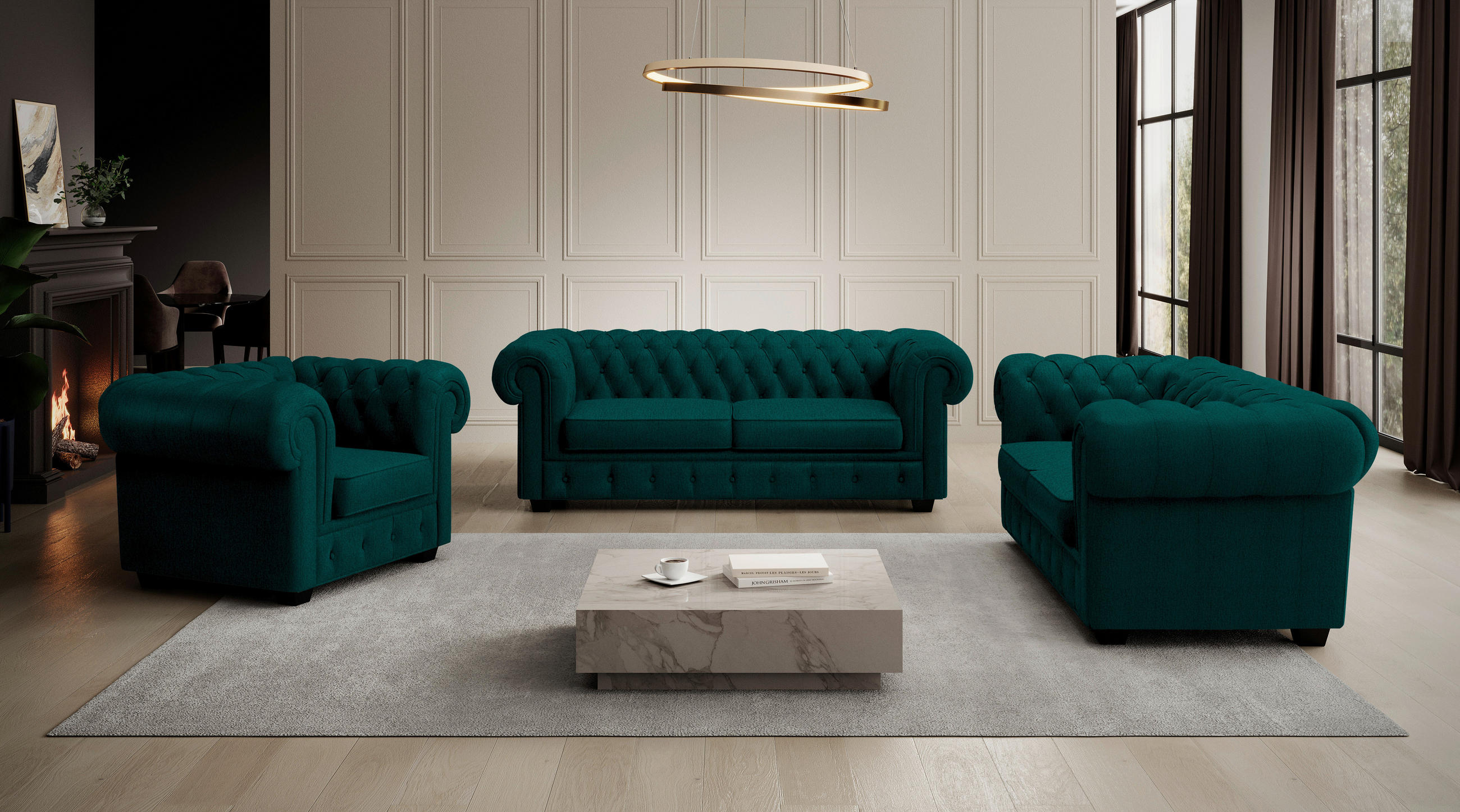 CHESTERFIELD-SOFA in Webstoff Waldgrün  - Waldgrün/Wengefarben, Lifestyle, Holz/Textil (206/76,5/96cm) - Landscape