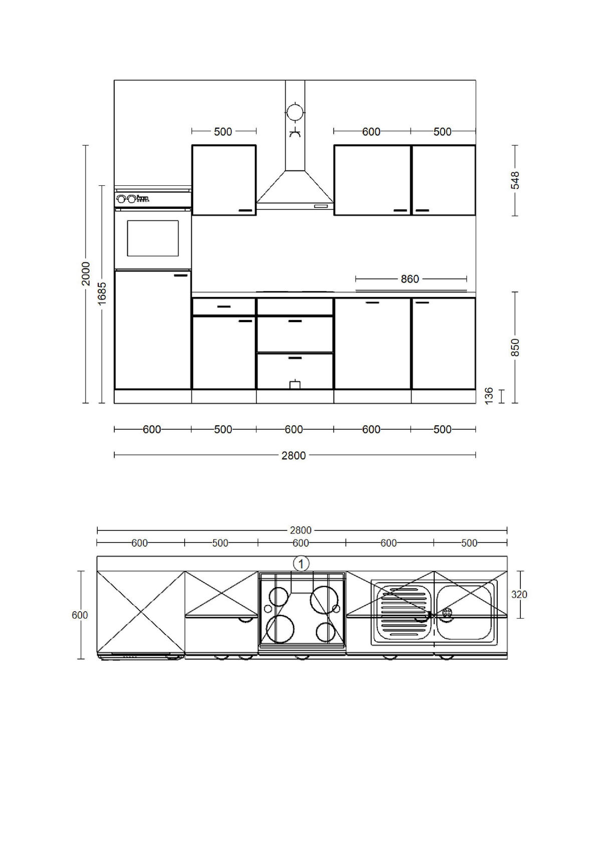 KÜCHENBLOCK 280 cm  in Eichefarben, Magnolie  - Eichefarben/Magnolie, Trend, Holzwerkstoff/Metall (280cm) - FlexWell