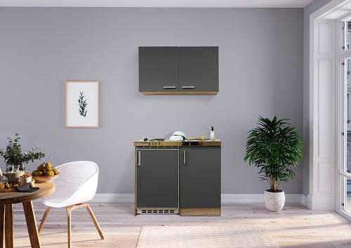 MINIKÜCHE 100/87/60 cm in Grau, Eichefarben - Edelstahlfarben/Eichefarben, MODERN, Kunststoff/Metall (100/87/60cm) - Respekta