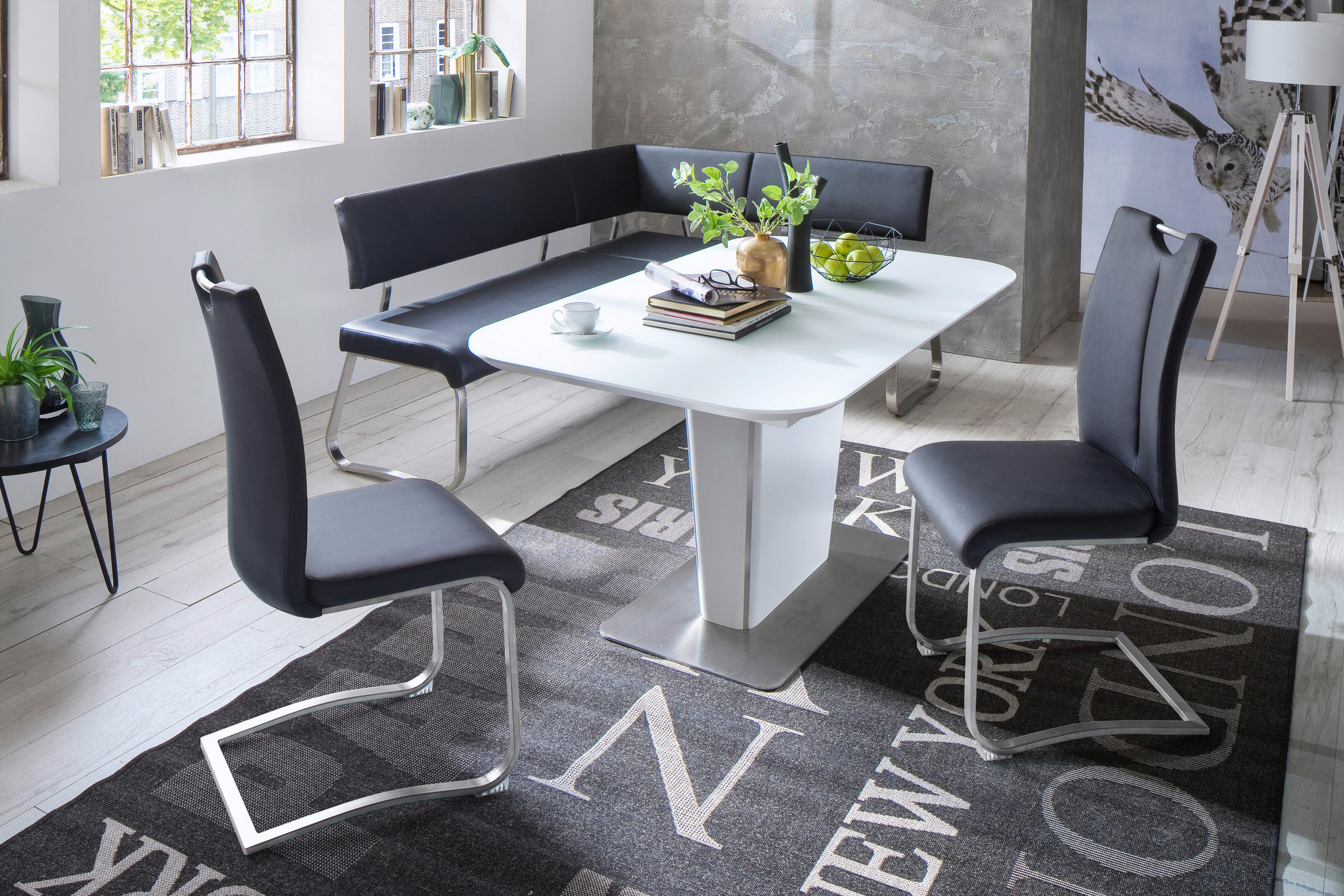 ECKBANK Lederlook Schwarz, Edelstahlfarben   - Edelstahlfarben/Schwarz, Design, Textil/Metall (200cm) - Livetastic