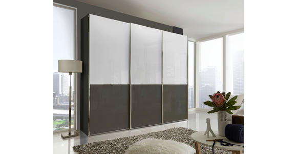 SCHWEBETÜRENSCHRANK 300/217/67 cm 3-türig Weiß, Dunkelgrau - Chromfarben/Dunkelgrau, KONVENTIONELL, Glas/Holzwerkstoff (300/217/67cm) - Novel