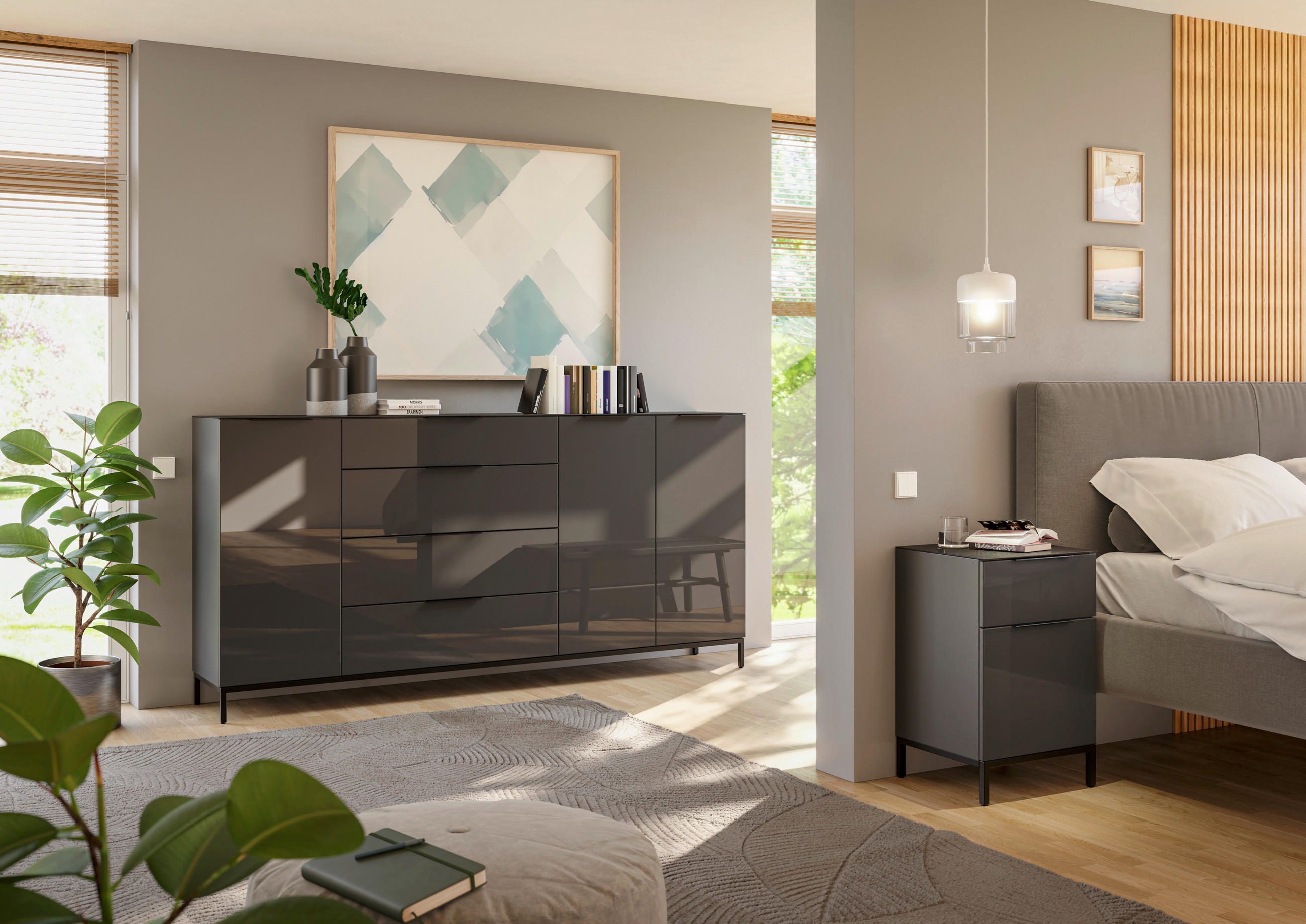 NACHTSCHRANK 45/60/40 cm  - Anthrazit/Anthrazit Hochglanz, Basics, Glas/Holzwerkstoff (45/60/40cm)