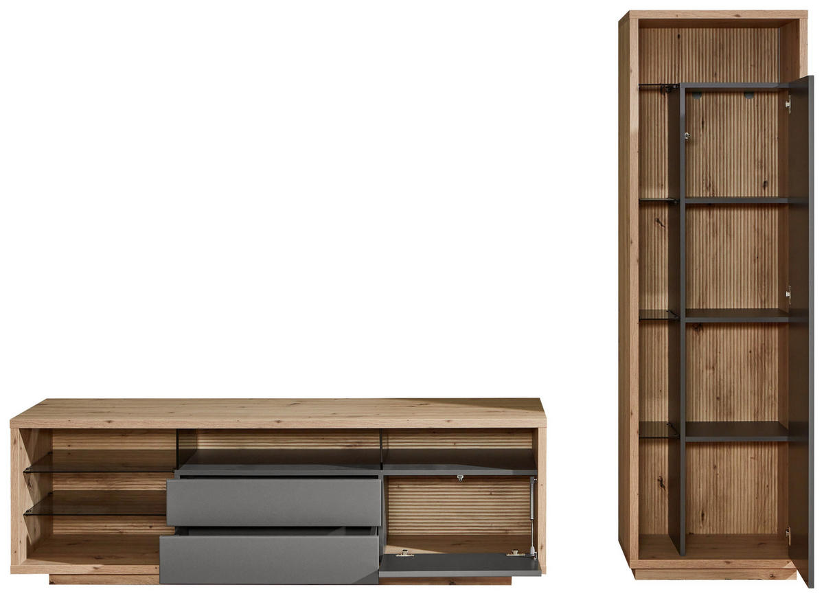 WOHNWAND  in Grau, Eiche Artisan 241/183,5/42 cm  - Eiche Artisan/Grau, Design, Glas/Holzwerkstoff (241/183,5/42cm) - Stylife