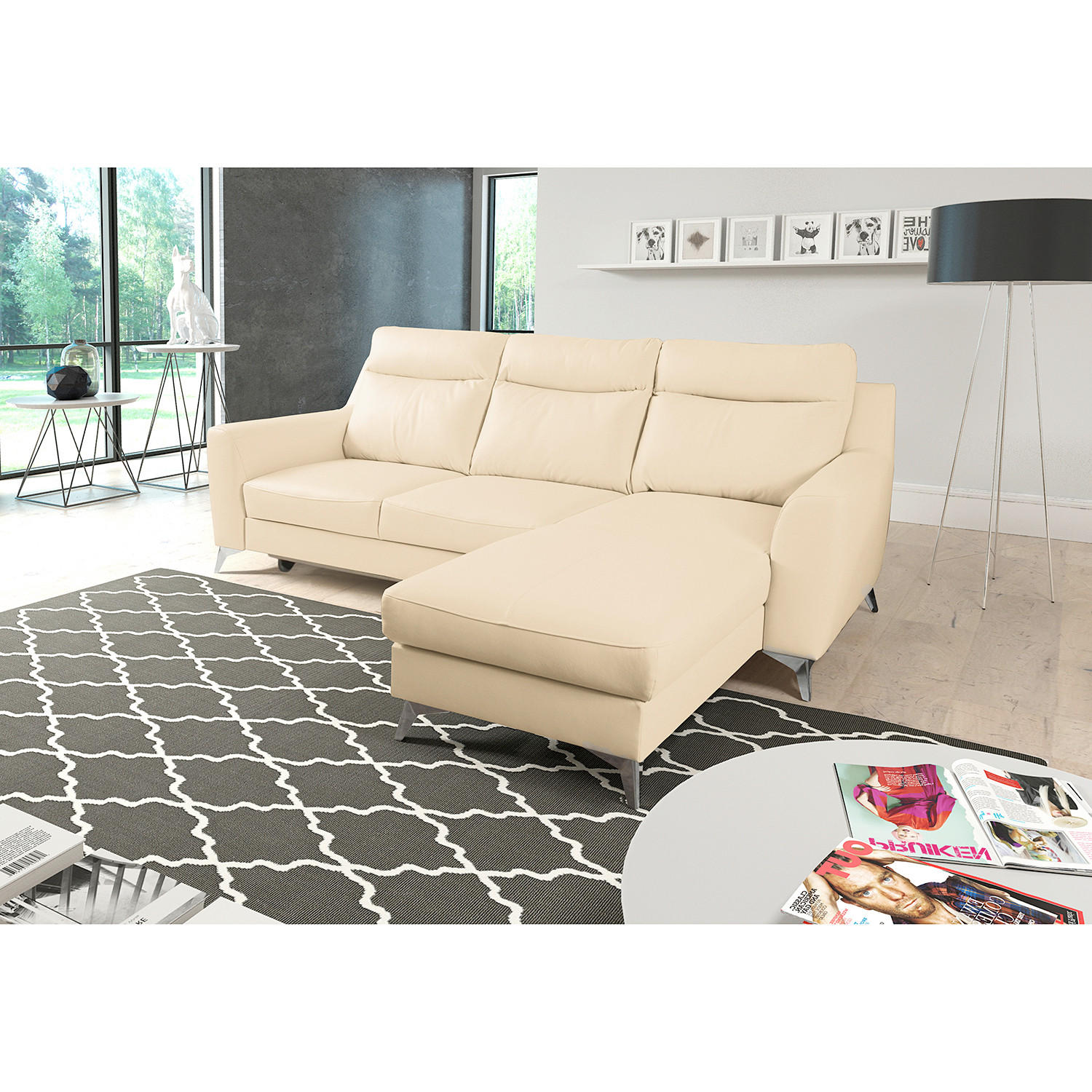 ECKSOFA Lederlook Echtleder Beige  - Chromfarben/Beige, Design, Leder/Textil (236/168cm) - Livetastic