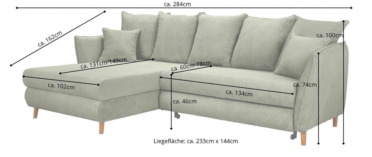 ECKSOFA in Cord Creme  - Eichefarben/Creme, Konventionell, Holz/Textil (162/284cm) - Carryhome