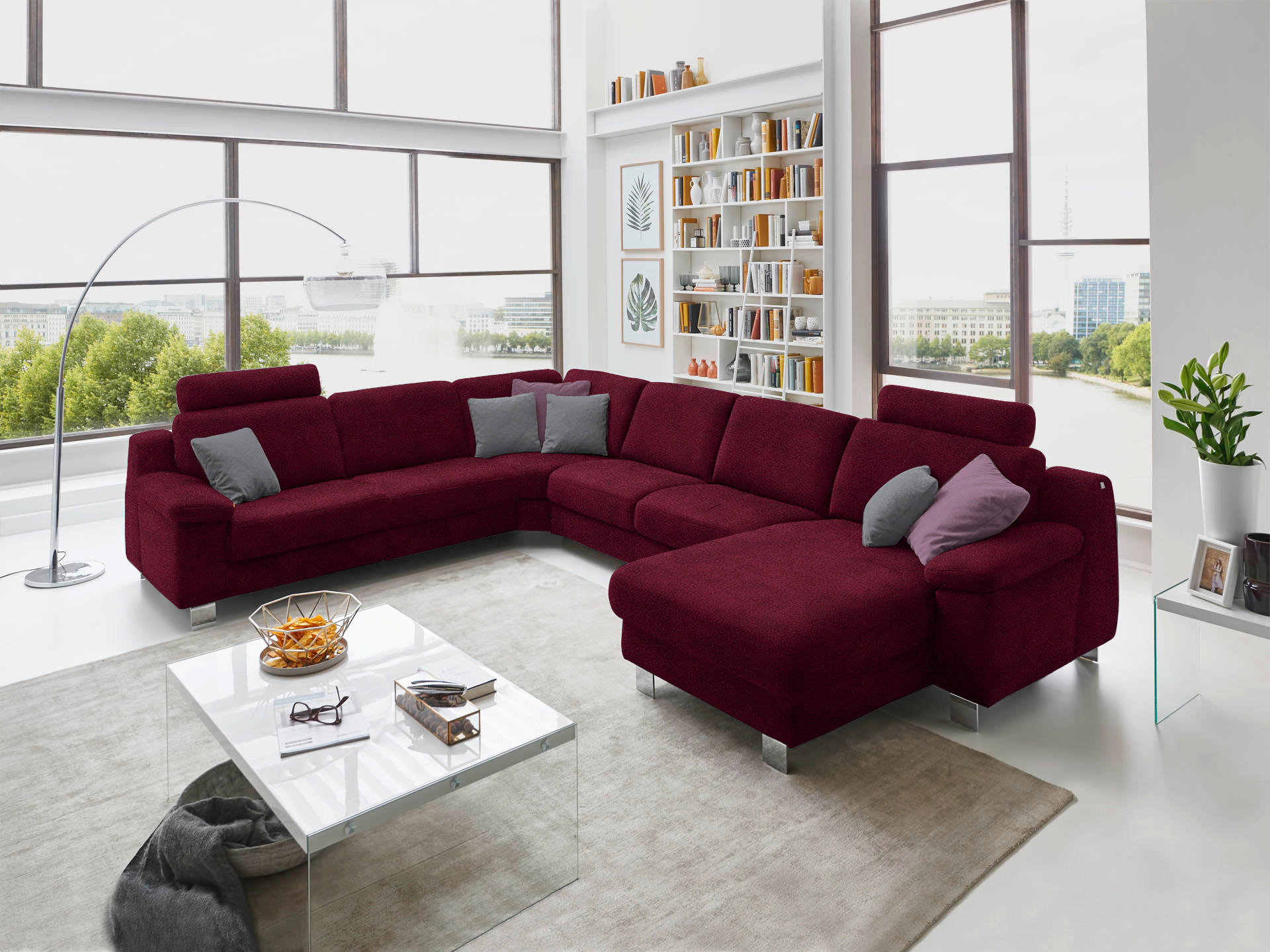 WOHNLANDSCHAFT in Mikrofaser Bordeaux  - Chromfarben/Bordeaux, Design, Textil/Metall (278/364/166cm) - Valdera