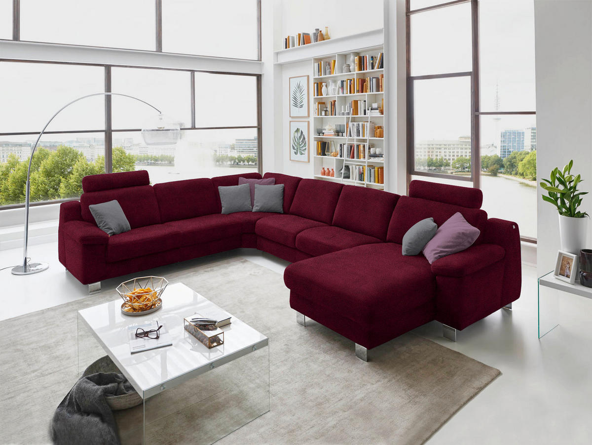WOHNLANDSCHAFT in Mikrofaser Bordeaux  - Chromfarben/Bordeaux, Design, Textil/Metall (278/364/166cm) - Valdera