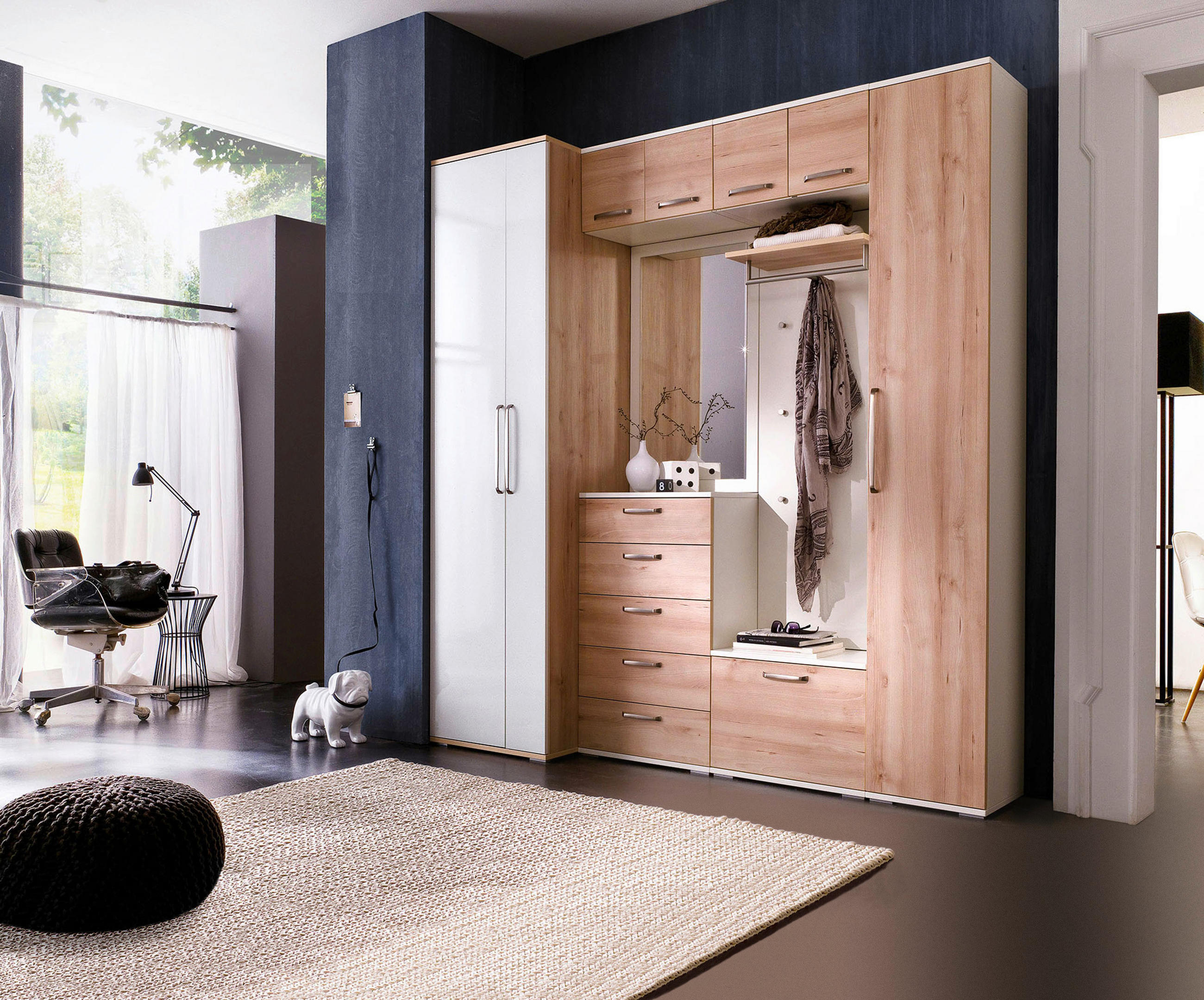 GARDEROBE 8-teilig  in 221/233/56 cm  - Buchefarben/Weiß, Design, Holzwerkstoff (221/233/56cm) - Moderano