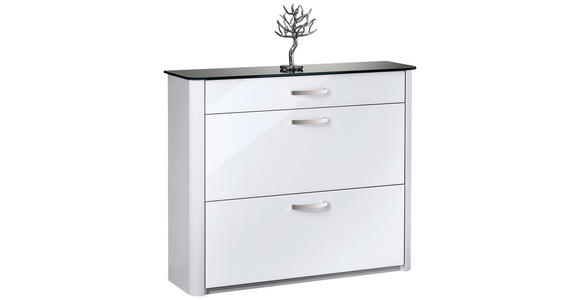 SCHUHKIPPER - Chromfarben/Weiß Hochglanz, Design, Glas/Holzwerkstoff (117/97/35cm) - Moderano