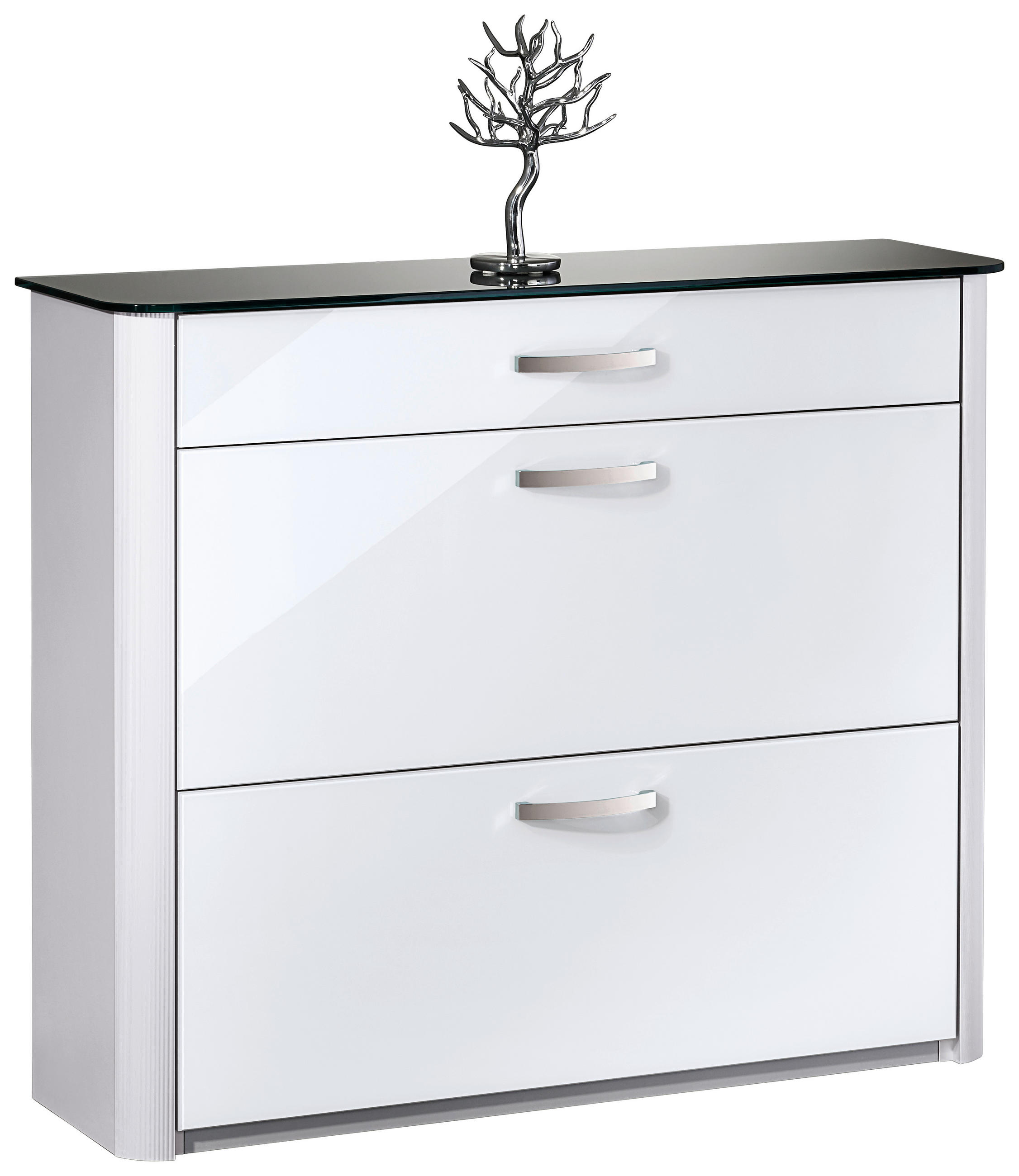 Moderano Schuhschrank Silber, Alu, Weiß Hochglanz 117x97x35 cm