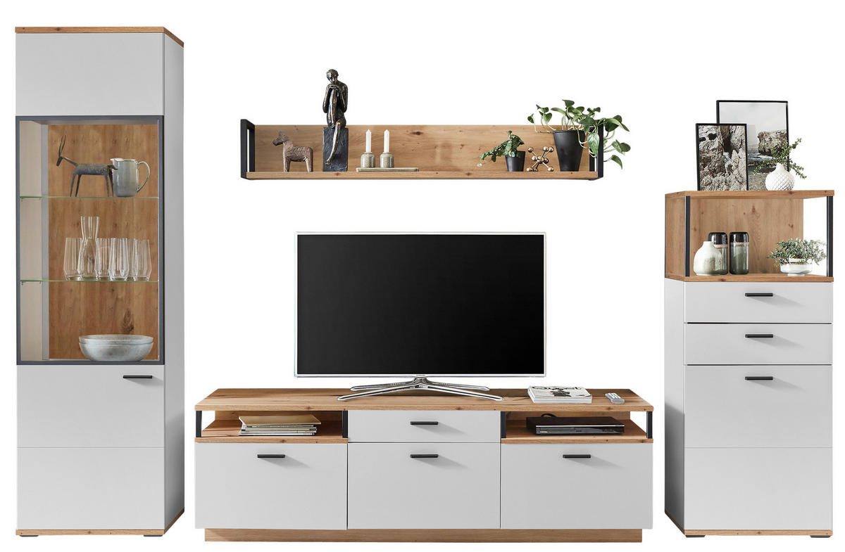 WOHNWAND  in Weiss, Eiche Artisan 320/206/50 cm  - Weiss/Schwarz, Design, Glas/Holzwerkstoff (320/206/50cm) - Stylife