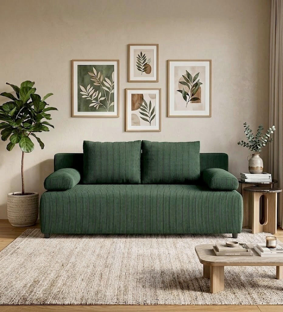 SCHLAFSOFA MILKY Cord Grün  inkl. Rückenkissen, Armlehnenkissen, Bettkasten  - Schwarz/Grün, Design, Kunststoff/Textil (206/87/88cm) - MID.YOU