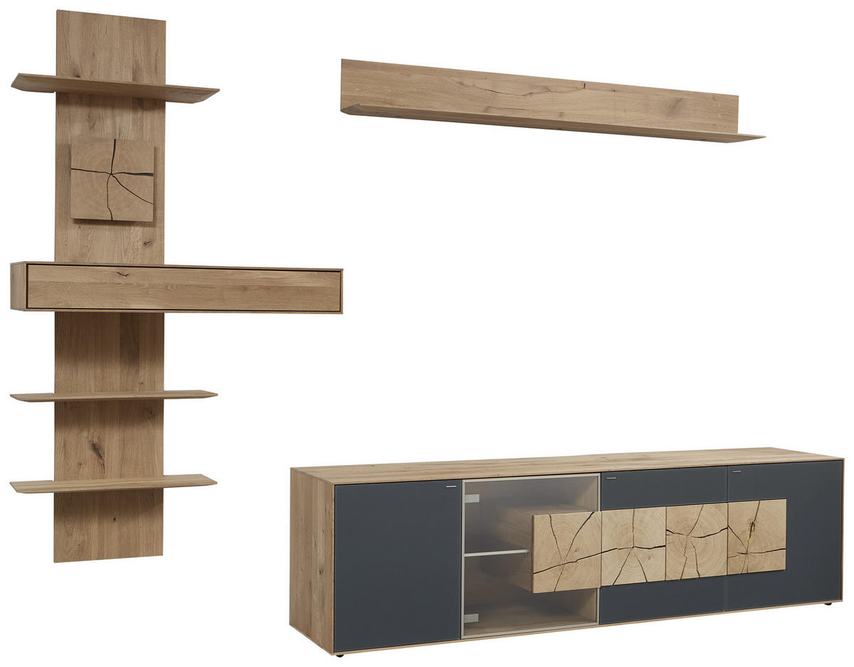 WOHNWAND  in Anthrazit, Eichefarben, Transparent 310/204/49 cm  - Eichefarben/Transparent, Natur, Glas/Holz (310/204/49cm) - Valnatura