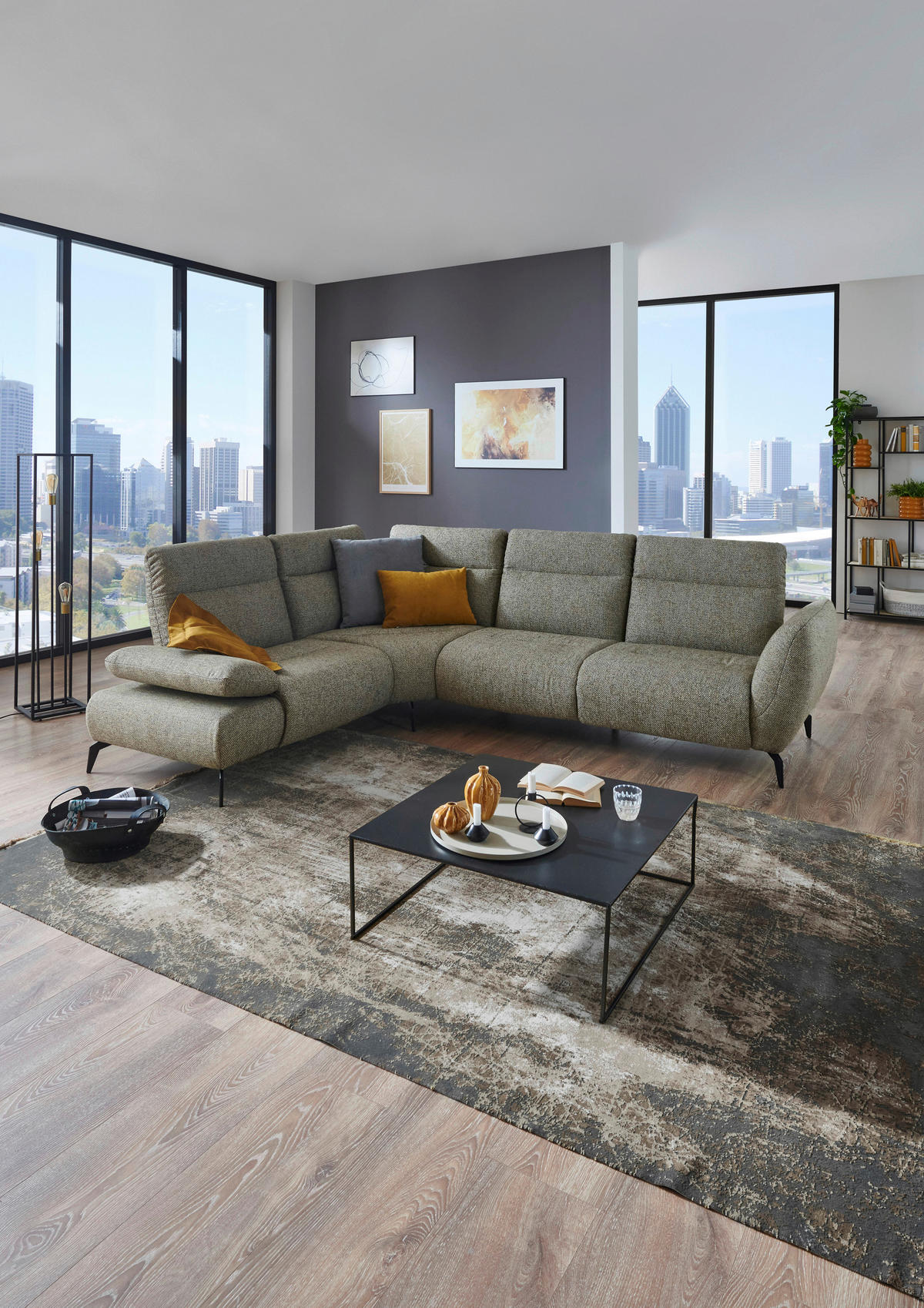ECKSOFA in Webstoff Graubraun  - Graubraun/Schwarz, Design, Textil/Metall (223/290cm) - Moderano
