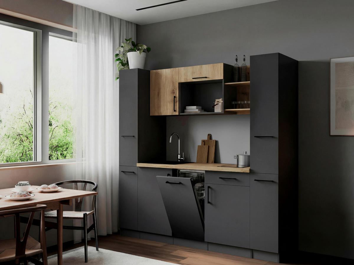 MODULKÖK 205 cm   i grå, ek Artisan  - ek Artisan/grå, Trend, metall/trämaterial (205cm) - Respekta