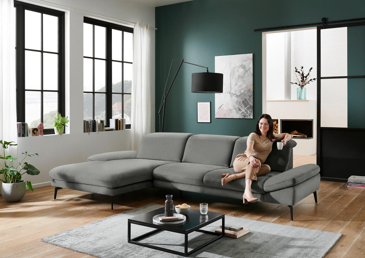 ECKSOFA in Chenille Grau  - Schwarz/Grau, Design, Textil/Metall (188/319cm) - Beldomo System