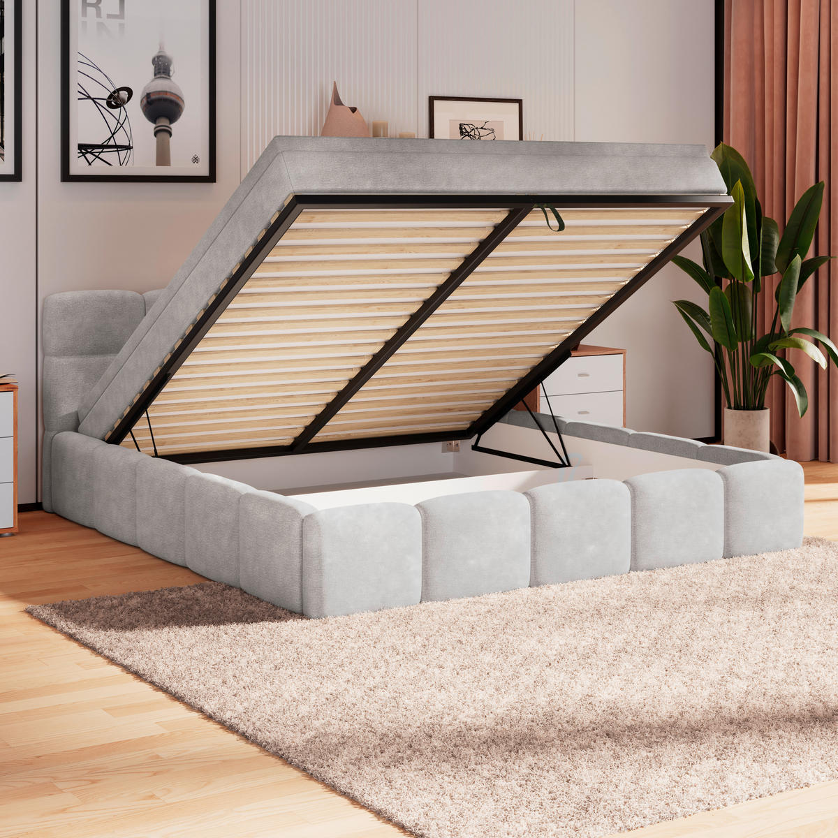 POLSTERBETT 160/200 cm,  in Hellgrau, Matratze, Bettkasten, H3 = fest  - Hellgrau/Schwarz, Trend, Kunststoff/Textil (160/200cm)