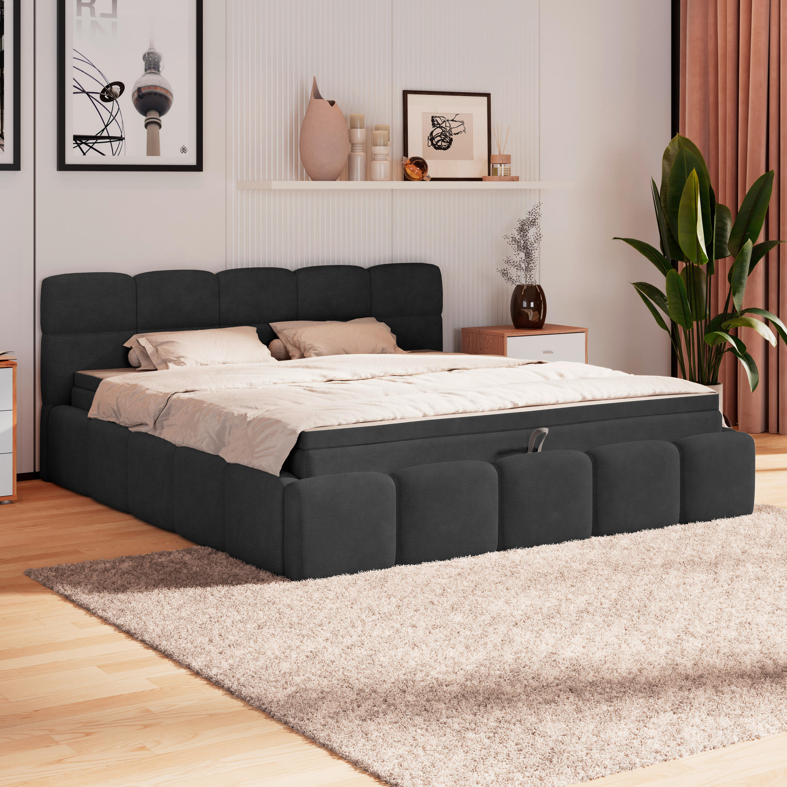 POLSTERBETT 160/200 cm,  in Schwarz, Matratze, Bettkasten, H3 = fest  - Schwarz, Trend, Kunststoff/Textil (160/200cm)