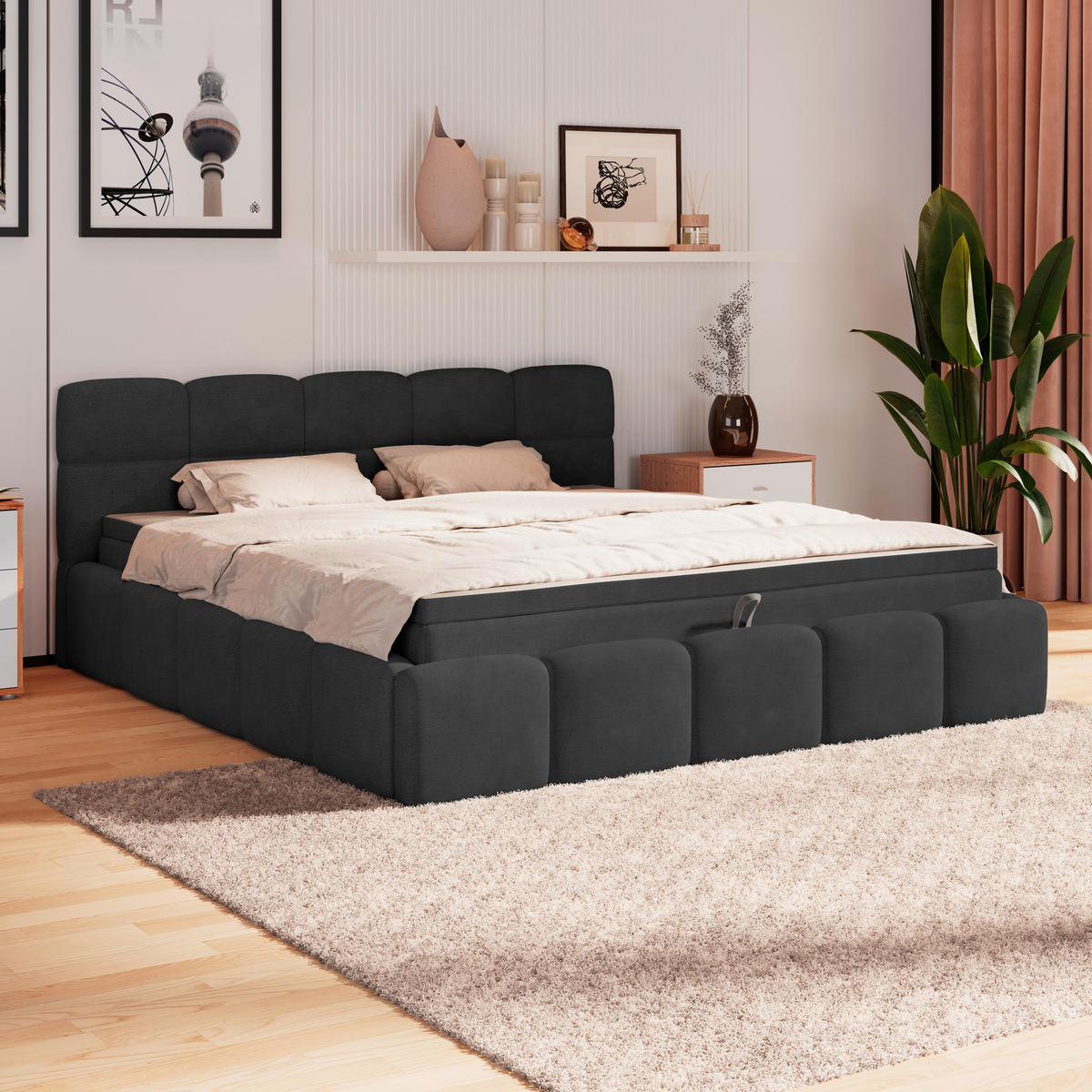 POLSTERBETT 160/200 cm,  in Schwarz, Matratze, Bettkasten, H3 = fest  - Schwarz, Trend, Kunststoff/Textil (160/200cm)