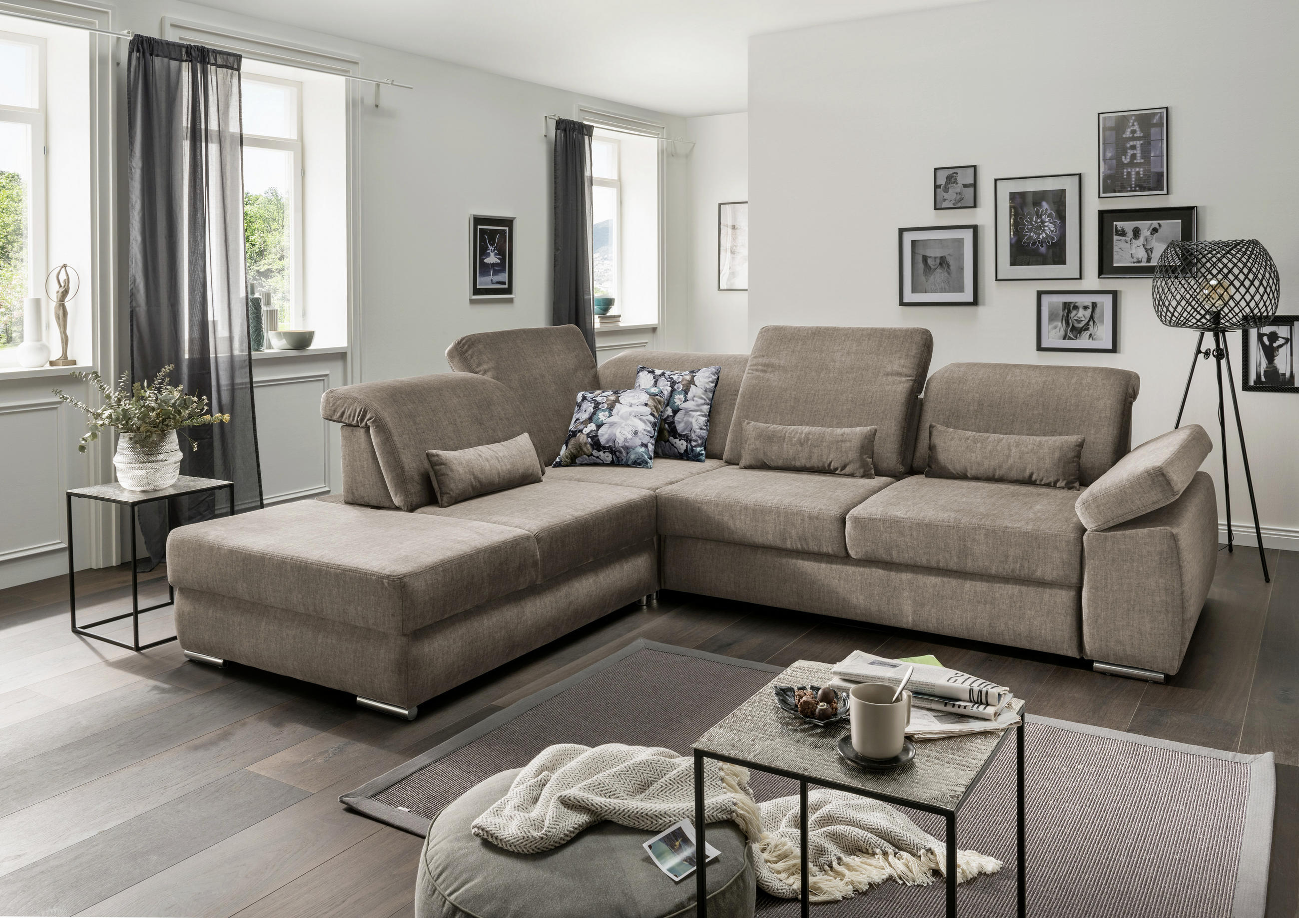 Ecksofa mit Schlaffunktion Hellbraun Velours  - Hellbraun/Chromfarben, MODERN, Holz/Textil (250/297cm) - Livetastic