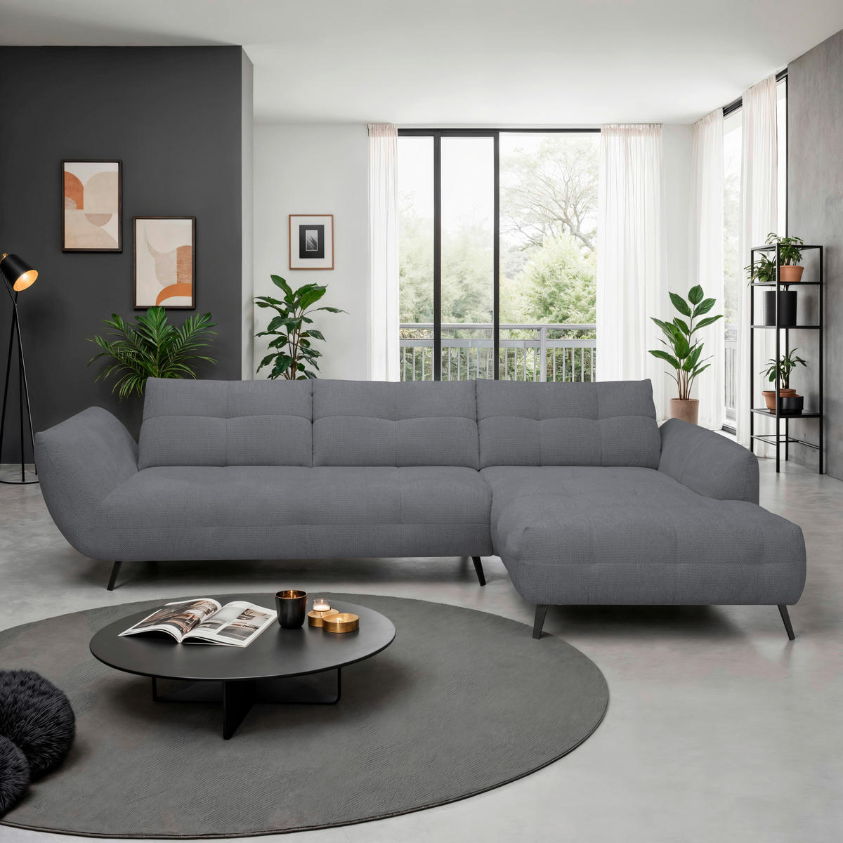 ECKSOFA Dunkelgrau Chenille Armlehnenkissen, Rücken echt, Sitztiefenverstellung  - Dunkelgrau/Schwarz, KONVENTIONELL, Textil/Metall (313/215cm) - Hom`in