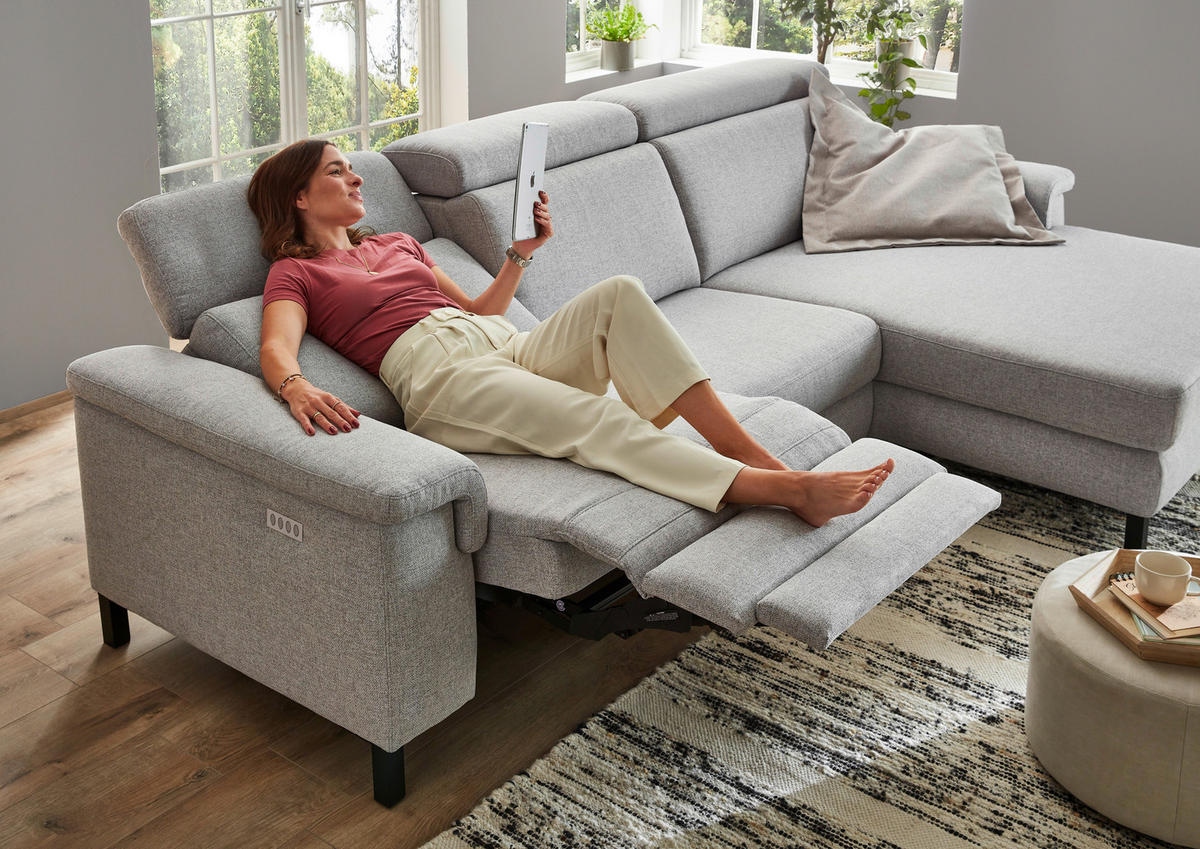 ECKSOFA in Flachgewebe Hellgrau  - Hellgrau/Schwarz, Konventionell, Textil/Metall (304/182cm) - Pure Home Comfort