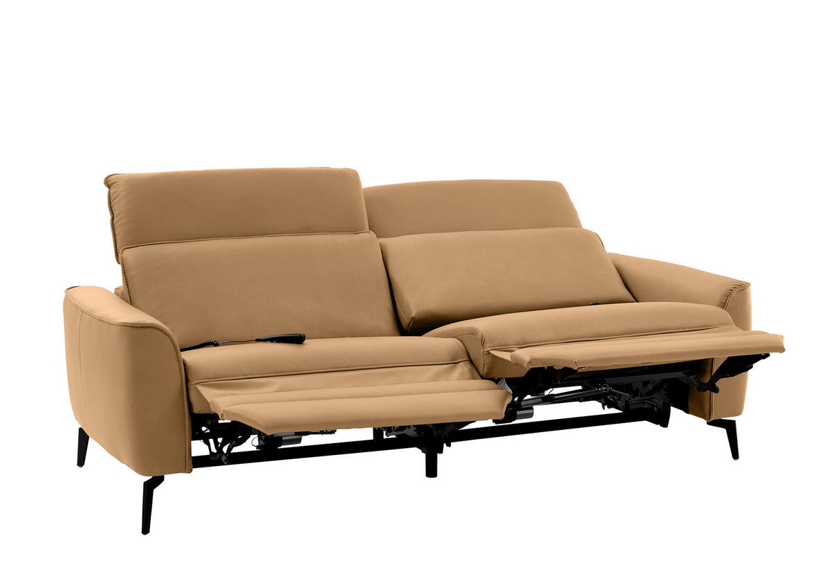 3-SITZER-SOFA in Echtleder Honig  - Schwarz/Honig, Natur, Leder/Metall (222/81/110cm) - Valdera