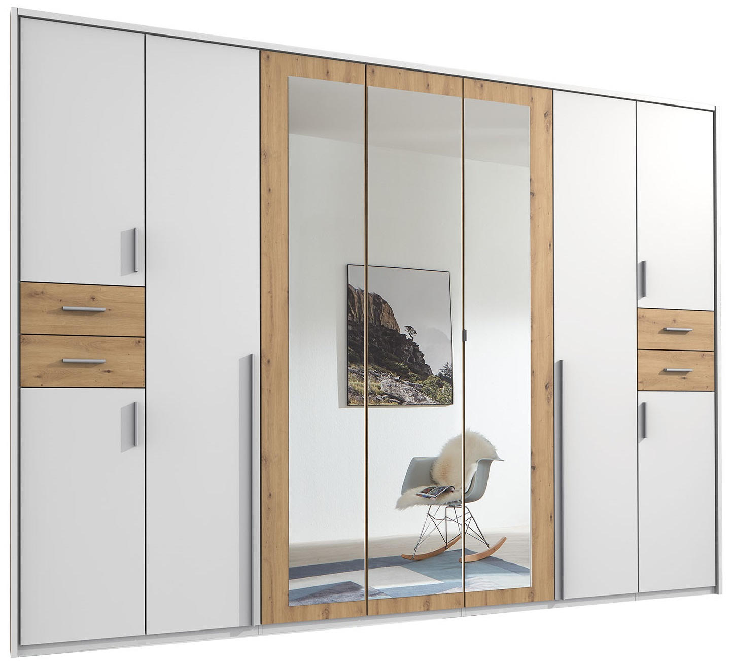 KLEIDERSCHRANK 9-türig Weiß, Eiche Artisan - Silberfarben/Weiß, Basics, Holzwerkstoff/Kunststoff (313/208/58cm) - MID.YOU