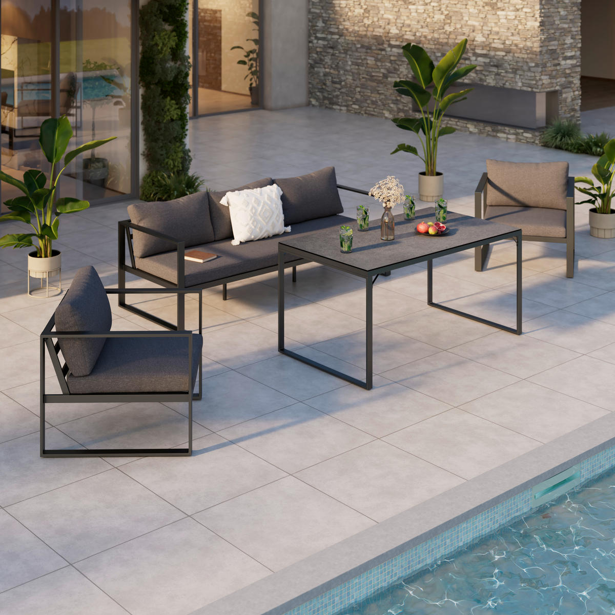 3-SITZER-SOFA  in Webstoff Anthrazit  - Anthrazit, MODERN, Textil/Metall (198/63/76cm) - Ambia Garden