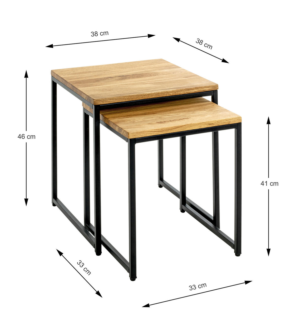 BEISTELLTISCHSET Eiche massiv rechteckig Schwarz, Eichefarben  - Eichefarben/Schwarz, Design, Holz/Metall