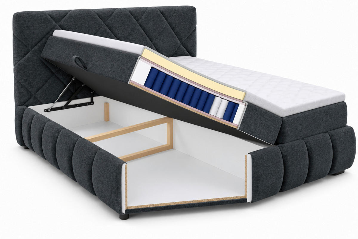 BOXBETT 140/200 cm,  in Anthrazit, gepolstertes Kopfteil, Bettkasten, Topper, Matratzen, H3 + H3 = fest  - Anthrazit/Schwarz, Design, Kunststoff/Textil (140/200cm) - Chameo