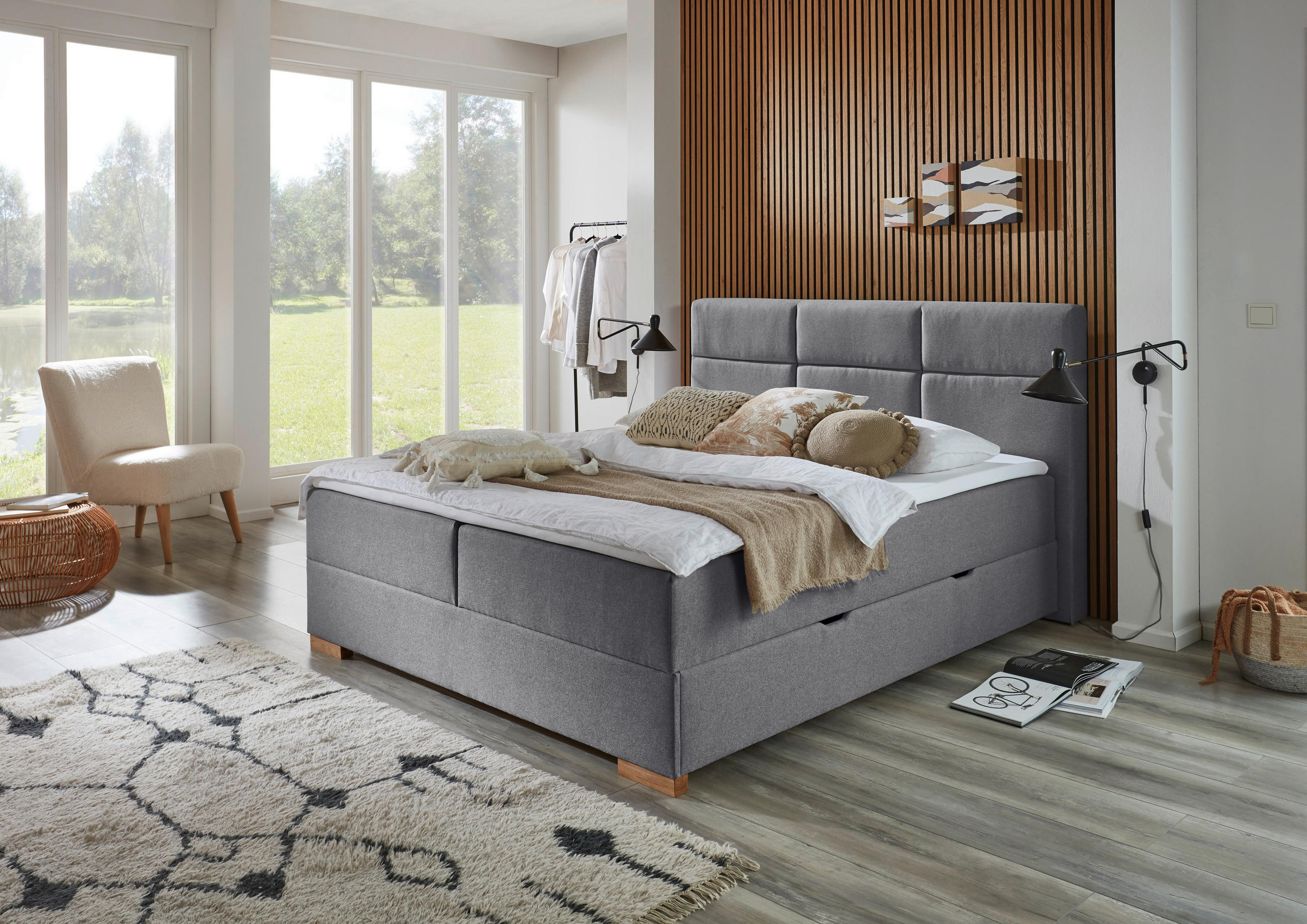 BOXSPRINGBETT 180/200 cm  in Grau  - Eichefarben/Grau, Basics, Holz/Textil (180/200cm) - home24