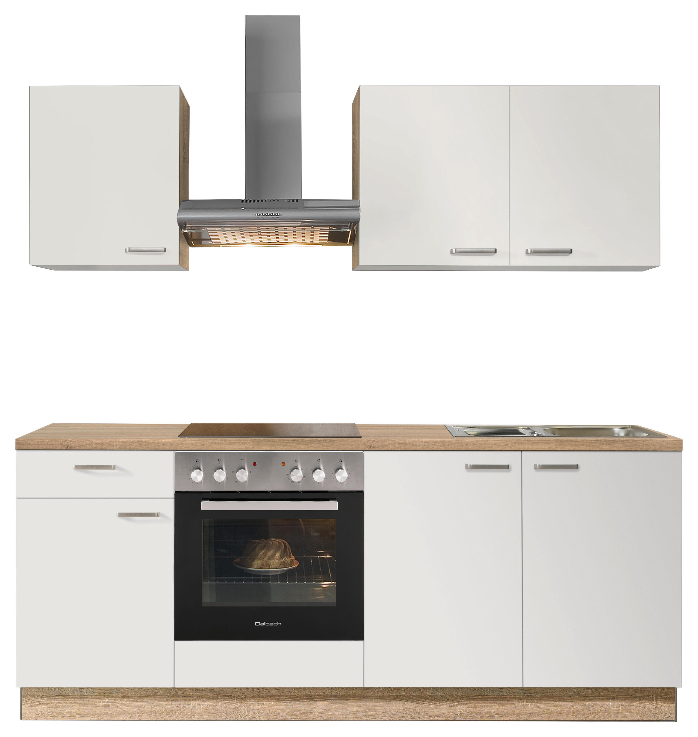 KÜCHENBLOCK 200 cm   in Weiß, Eichefarben  - Edelstahlfarben/Eichefarben, KONVENTIONELL, Holzwerkstoff/Metall (200cm) - Express